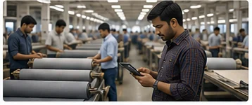 Factory floor workers using SnapTech on tablets